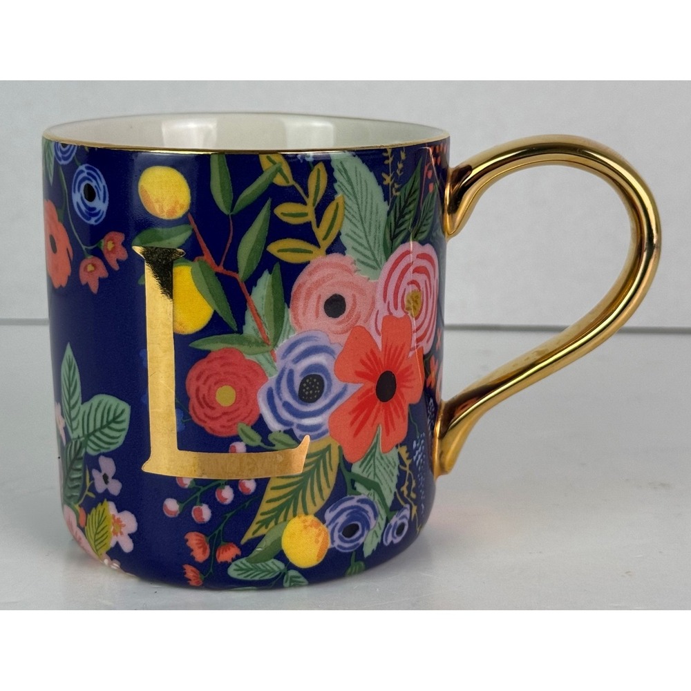 Rifle‎ Paper Co. for Anthropologie Coffee Cup Mug Monogram Navy Gold Letter "L"